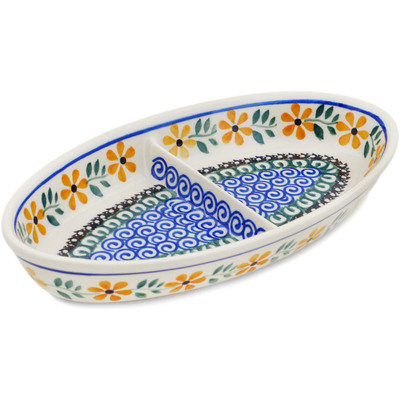 Polish Pottery Divided Dish 9&quot; Yellow Daisy Swirls