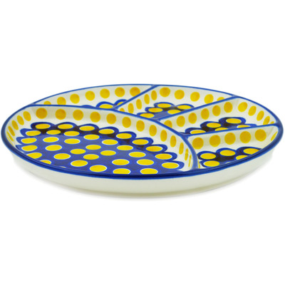 Polish Pottery Divided Dish 9&quot; Yellow Dots