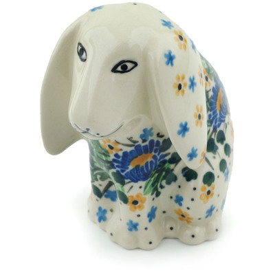 Polish Pottery Dog Figurine 4&quot; Peeking Flowers UNIKAT