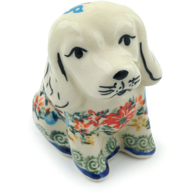 Polish Pottery Dog Figurine 4&quot; Ring Of Flowers UNIKAT