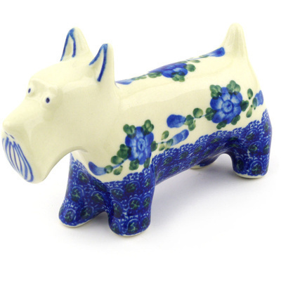 Polish Pottery Dog Figurine 5&quot; Blue Poppies