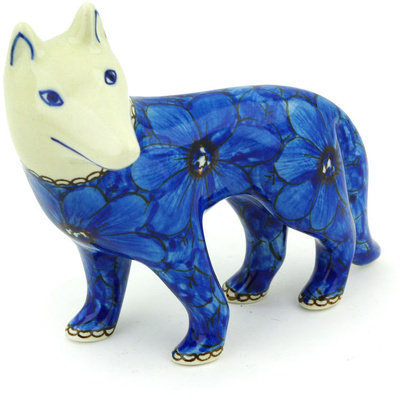 Polish Pottery Dog Figurine 6&quot; Cobalt Poppies UNIKAT