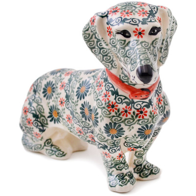 Polish Pottery Dog Figurine 9&quot; Floral Maze UNIKAT