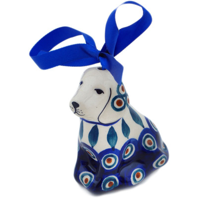 Polish Pottery Dog Ornament 3&quot; Peacock Leaves