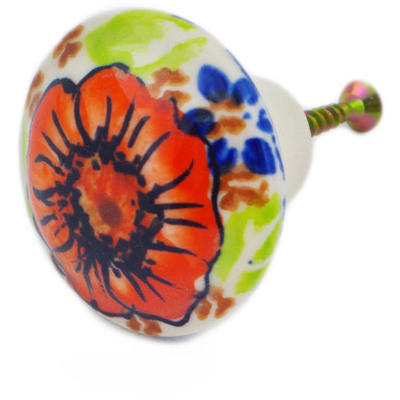 Polish Pottery Drawer Pull Knob 2&quot; Orange Zinnia UNIKAT