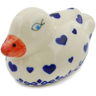 Polish Pottery Duck Figurine 4&quot; Blue Valentine Hearts