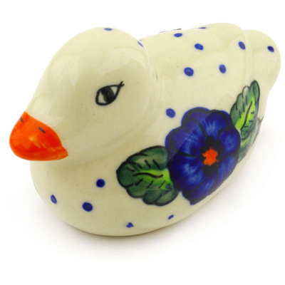 Polish Pottery Duck Figurine 4&quot; Bold Blue Pansy