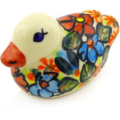 Polish Pottery Duck Figurine 4&quot; Bold Poppies UNIKAT