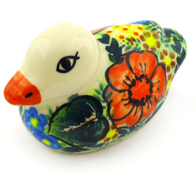 Polish Pottery Duck Figurine 4&quot; Bold Red Poppies UNIKAT