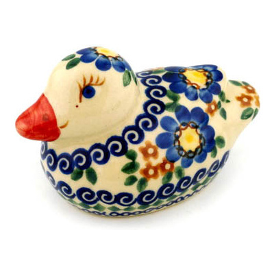 Polish Pottery Duck Figurine 4&quot; Flooding Blues UNIKAT