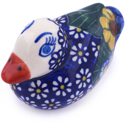 Polish Pottery Duck Figurine 4&quot; Floral Fruit Basket UNIKAT
