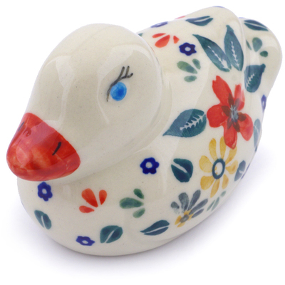 Polish Pottery Duck Figurine 4&quot; Red Anemone Meadow UNIKAT