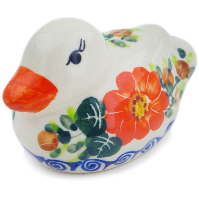 Polish Pottery Duck Figurine 4&quot; Red Blossom