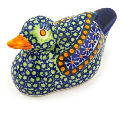 Polish Pottery Duck Figurine 5&quot; Gingham Flowers