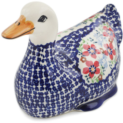 Polish Pottery Duck Figurine 7&quot; Red Flower Meadow