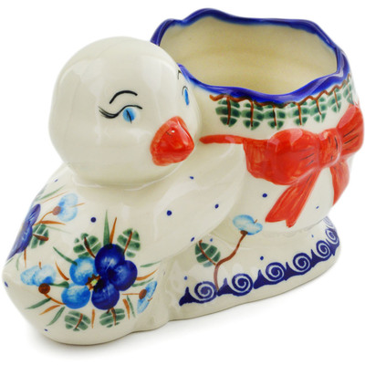 Polish Pottery Duck Shaped Jar 7&quot; Blue Pansy