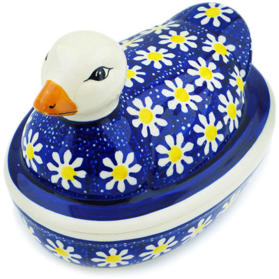 Polish Pottery Duck Shaped Jar 7&quot; Daisy