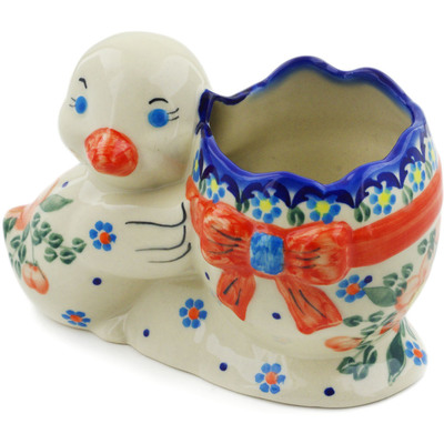 Polish Pottery Duck Shaped Jar 7&quot; Peach Tudor Rose