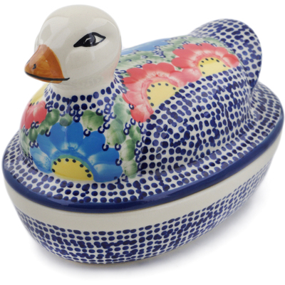 Polish Pottery Duck Shaped Jar 7&quot; Spotted Garden UNIKAT