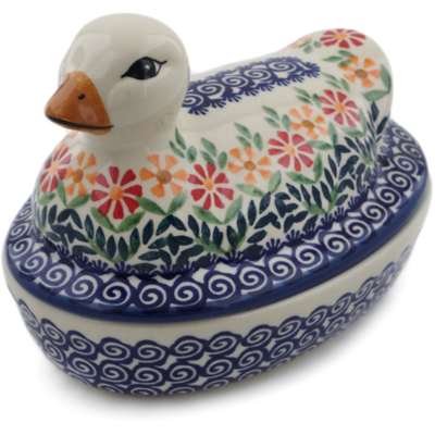 Polish Pottery Duck Shaped Jar 7&quot; Wave Of Flowers