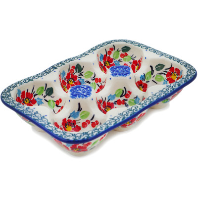 Polish Pottery Egg Crate 7&quot; Cherry Colored Florals UNIKAT