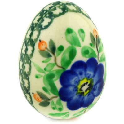 Polish Pottery Egg Figurine 2&quot; Cobalt Poppies UNIKAT