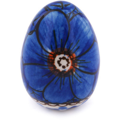 Polish Pottery Egg Figurine 2&quot; Cobalt Poppies UNIKAT