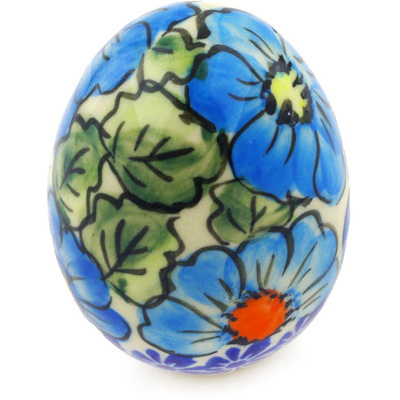 Polish Pottery Egg Figurine 3&quot; Bold Blue Poppies UNIKAT