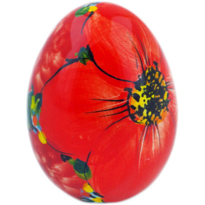 Polish Pottery Egg Figurine 3&quot; Resilient Red Poppies UNIKAT