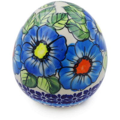 Polish Pottery Egg Figurine 4&quot; Bold Blue Poppies UNIKAT