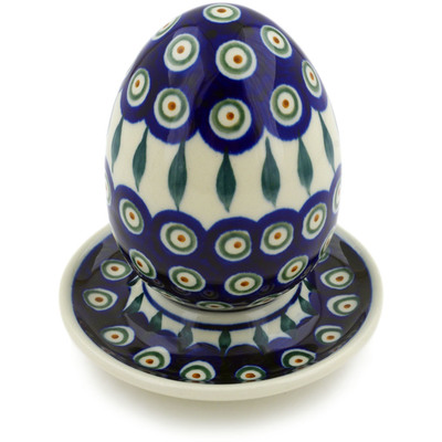 Polish Pottery Egg Figurine 5&quot; Peacock Leaves