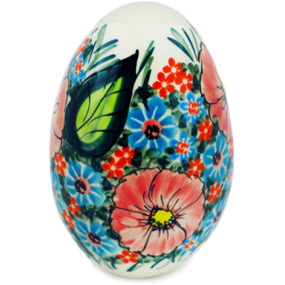 Polish Pottery Egg Figurine 5&quot; Red And Blue Poppies UNIKAT