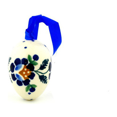 Polish Pottery Egg Ornament 2&quot; Orange And Blue Flower
