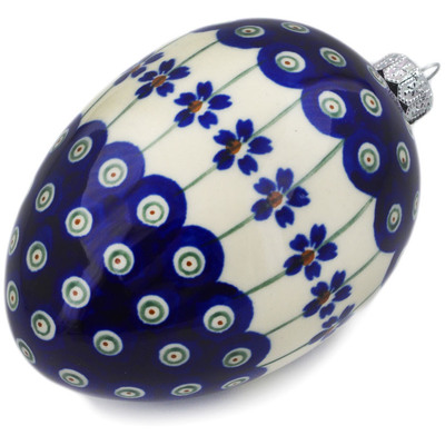 Polish Pottery Egg Ornament 5&quot; Flowering Peacock