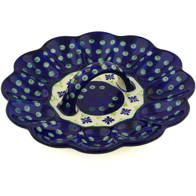 Polish Pottery Egg Plate 10&quot; Green Gingham Peacock