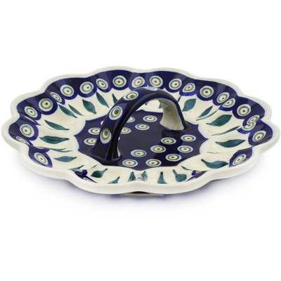 Polish Pottery Egg Plate 10&quot; Peacock Leaves