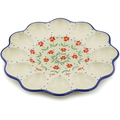 Polish Pottery Egg Plate 10&quot; Red Primrose
