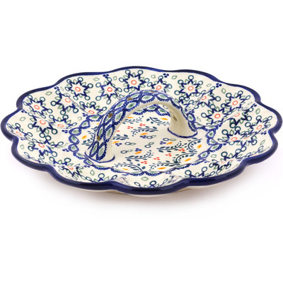 Polish Pottery Egg Plate 10&quot; Tatted Flower UNIKAT