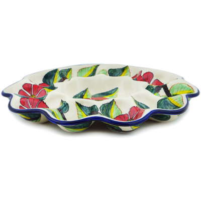 Polish Pottery Egg Plate 11&quot; Poinsettia Paradise UNIKAT