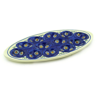 Polish Pottery Egg Plate 15&quot; Blue Peacock