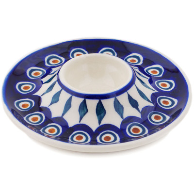 Polish Pottery Egg Plate 5&quot; Peacock Leaves