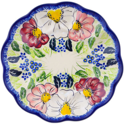 Polish Pottery Egg Plate 8" Maroon Blossoms UNIKAT