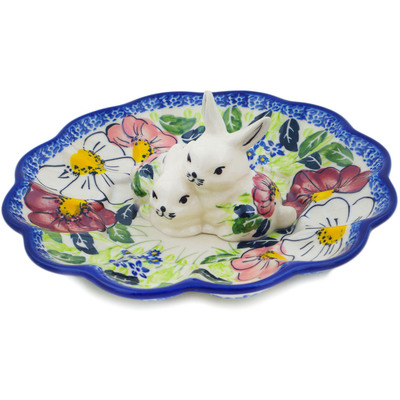 Polish Pottery Egg Plate 8&quot; Maroon Blossoms UNIKAT