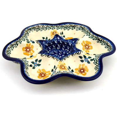 Polish Pottery Egg Plate 8&quot; Sea Fall Yellow Flowers