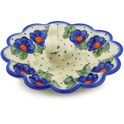 Polish Pottery Egg Plate 9&quot; Bold Blue Pansy