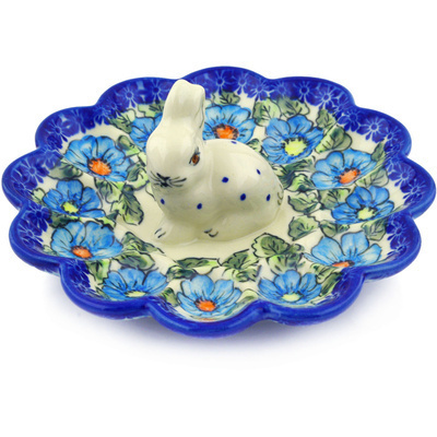 Polish Pottery Egg Plate 9&quot; Bold Blue Poppies UNIKAT