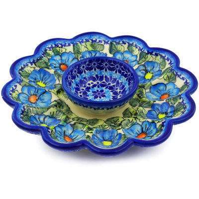 Polish Pottery Egg Plate 9&quot; Bold Blue Poppies UNIKAT