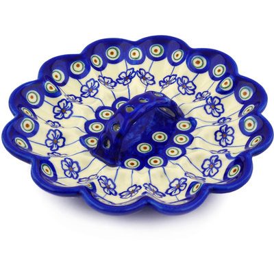 Polish Pottery Egg Plate 9&quot; Flowering Peacock