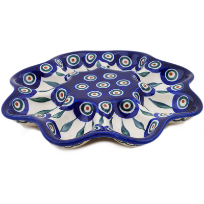 Polish Pottery Egg Plate 9&quot; Peacock Leaves