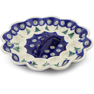 Polish Pottery Egg Plate 9&quot; Peacock Pines